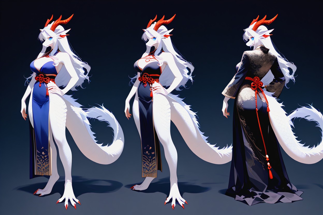Dragon, Side Profile, White Body Character Concept Art Sheet Porno IA Furry