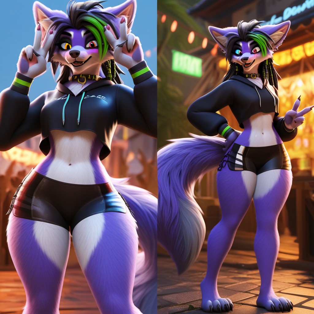Form Fitting Clothes, Navel Peircing, Mint Green And Purple Fur Furry AI Porn
