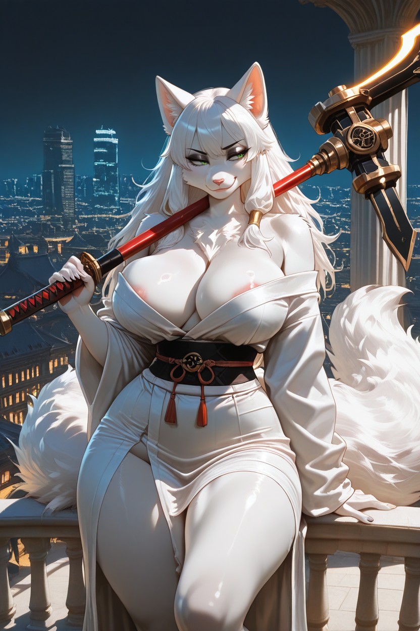 Large Green Eyes, Extremely Fluffy Fur, One Leg Forward Through A Deep Slit Porno IA Furry