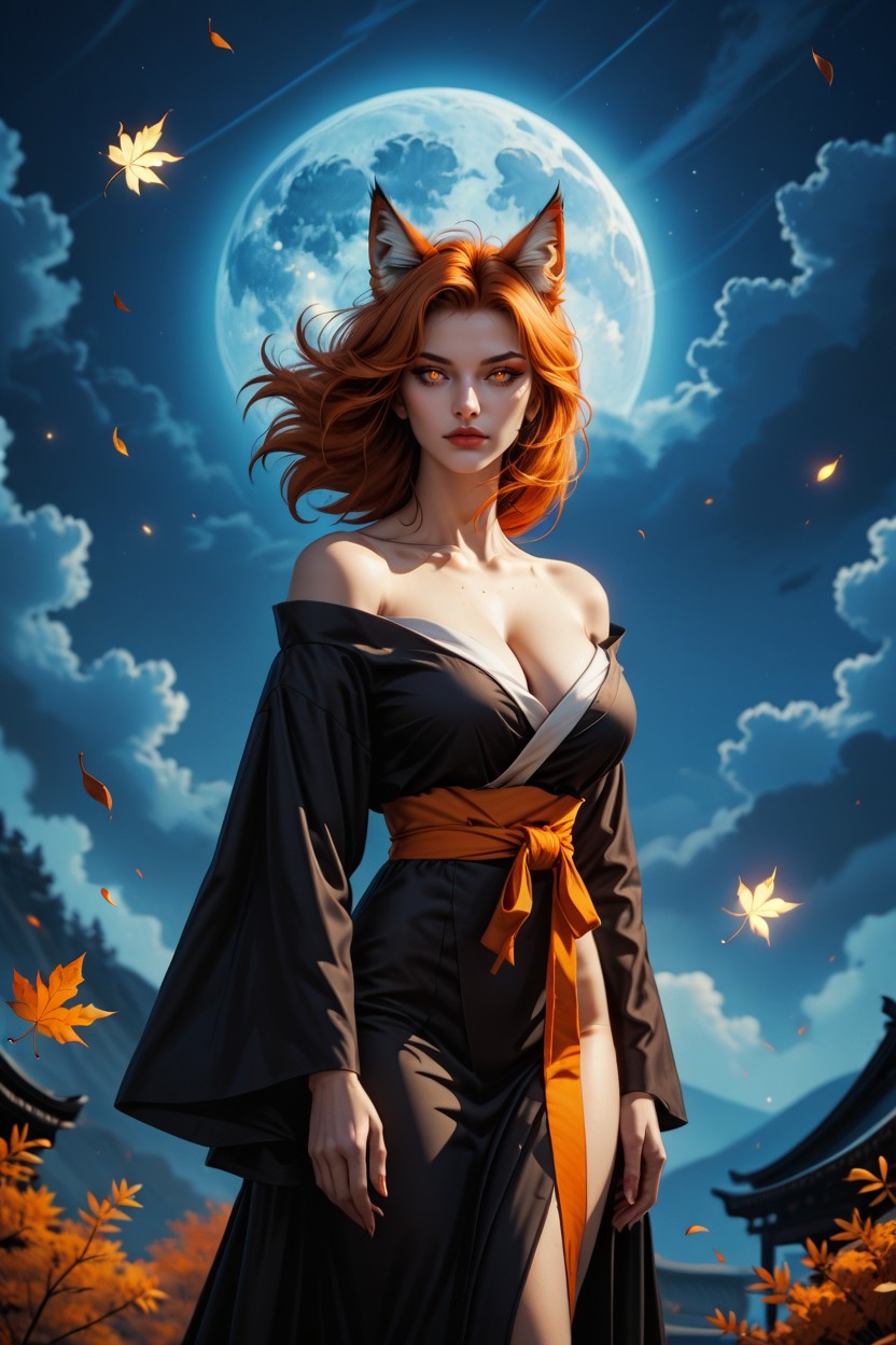 Floating Slightly Above Clouds, Fox Ears With White Inner Fur, Kitsune Woman Porno IA Furry