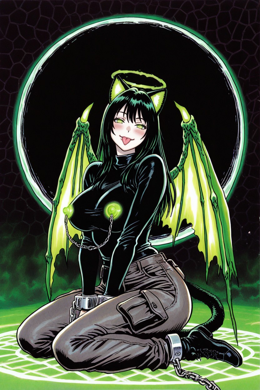 Tongue Out, Glowing Green Eyes, Neko Female 퍼리 AI 포르노