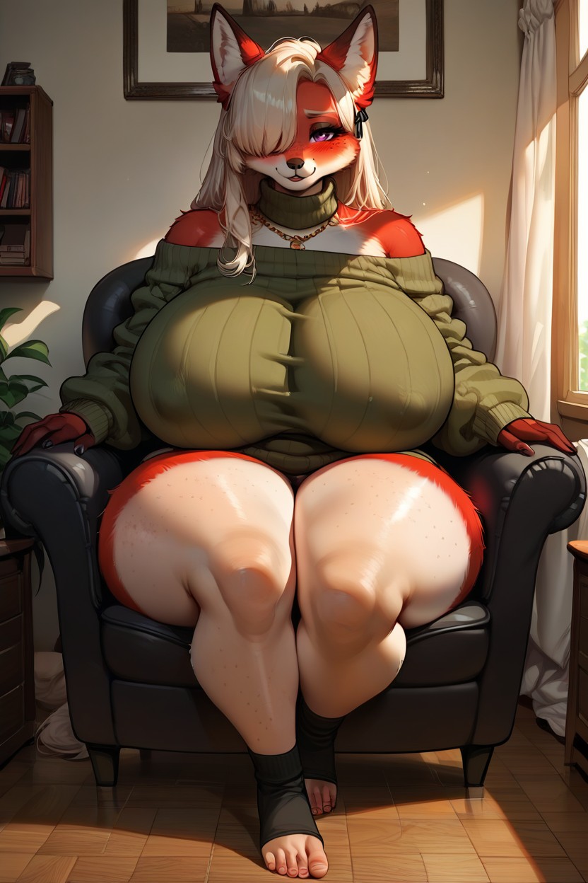 Red Fur, Huge Breasts, Long Black Gold Hair Porno IA Furry