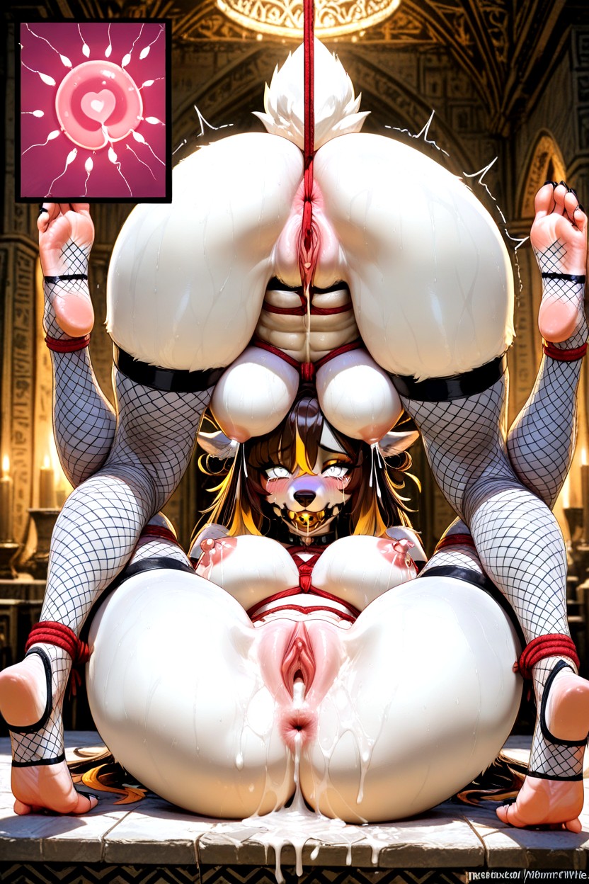 Her Extra Detailed Bare Feet Are Visibly Displayed Reaching In Front Of Her, Looking At Viewer, Shibari Furry AI Porn