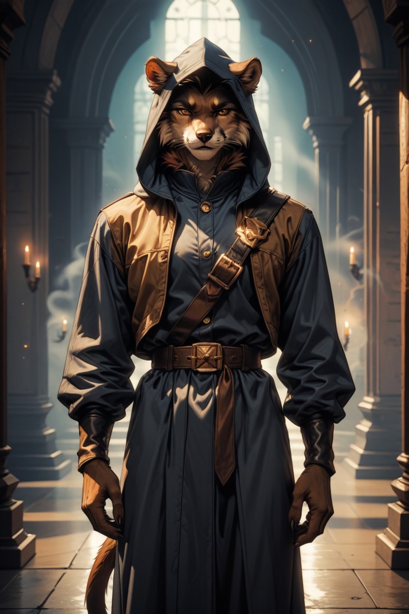 Eyes Scanning Shadows" "outfit Classic Fantasy Thief Attire, Soft Shadows, Poised For Quick Strikes Furry IA