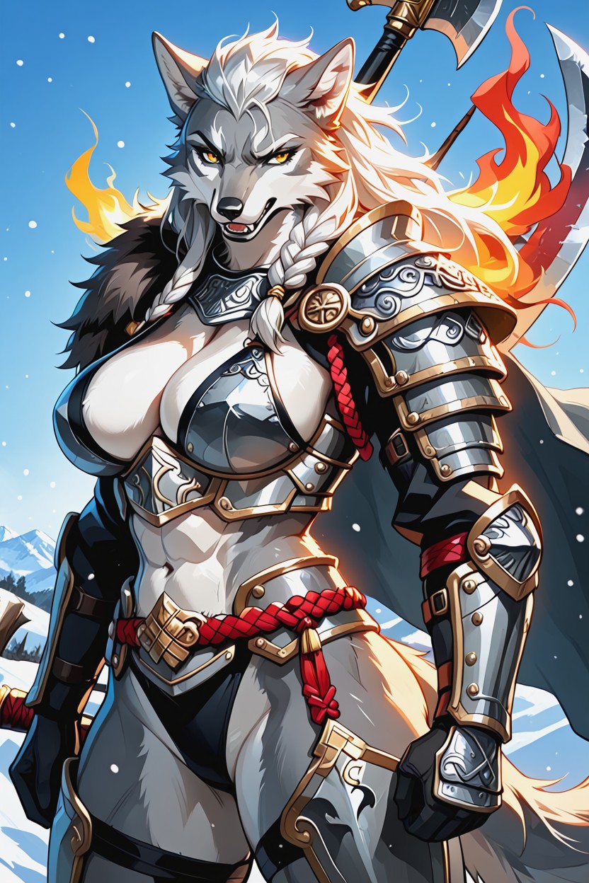 And A Stern Expression She Wears A Custom-forged, Covering Her Back And Billowing In The Wind In Her Right Hand, Ample Breasts Furry AI Porn