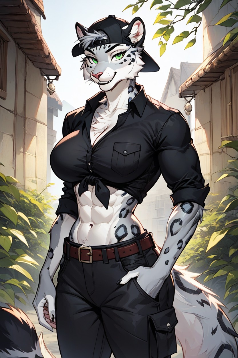 Tail Visible, White Muzzle And Chest, Black Baseball Cap Furry AI Porn