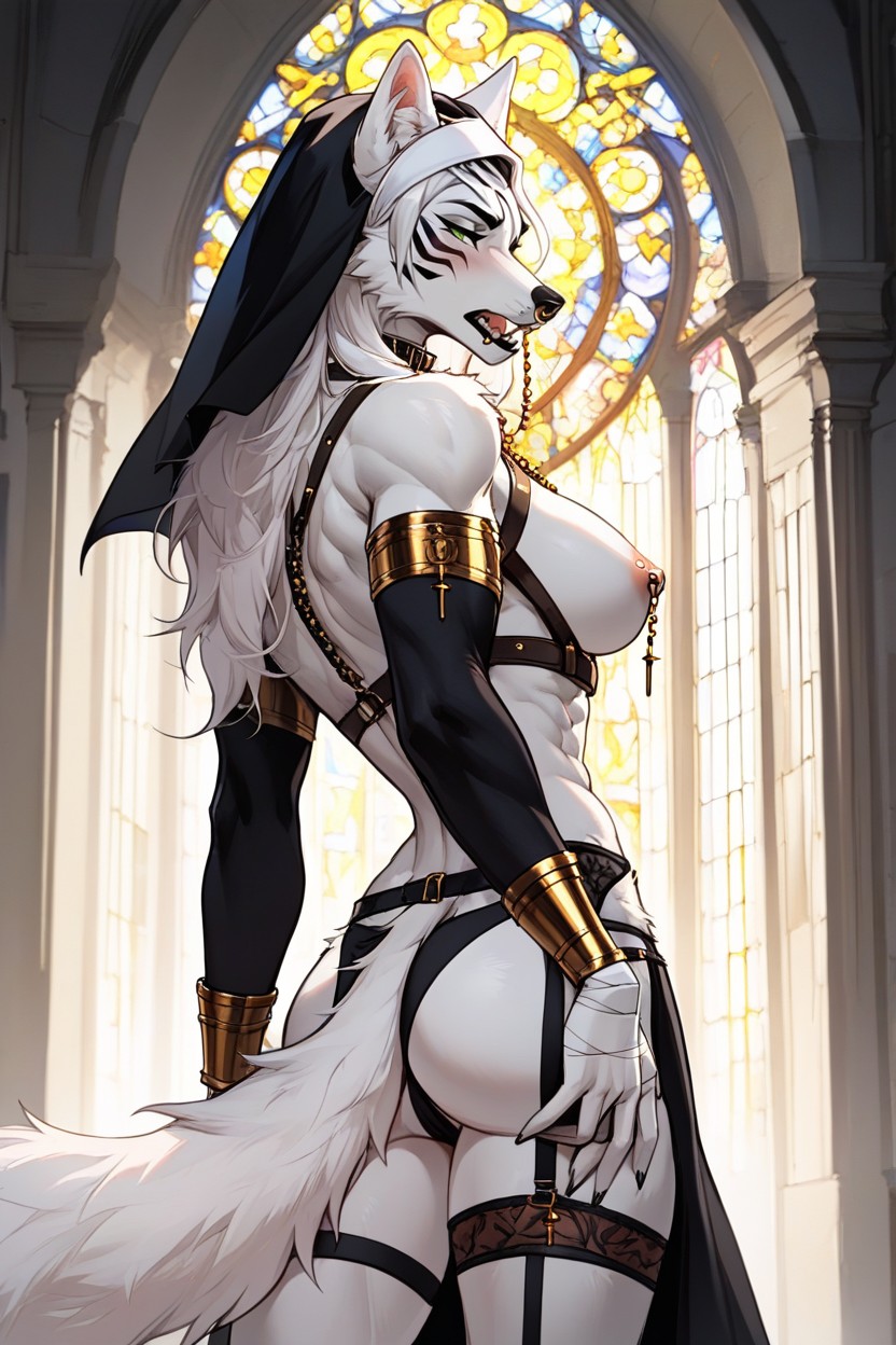 Wolf, Nun, Golden Bracers On Hands Furry AI Porn