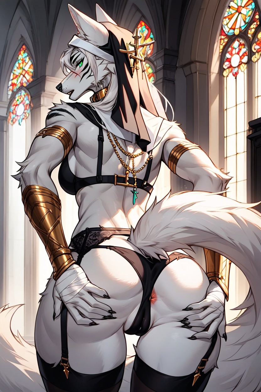 18+, White Hair, Feminine Wolf Furry AI Porn