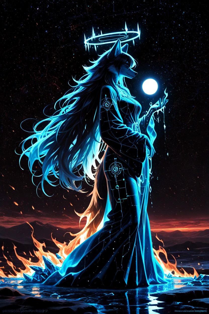 Full Body, Fire, Female Wolf Anthro Furry AI Porn