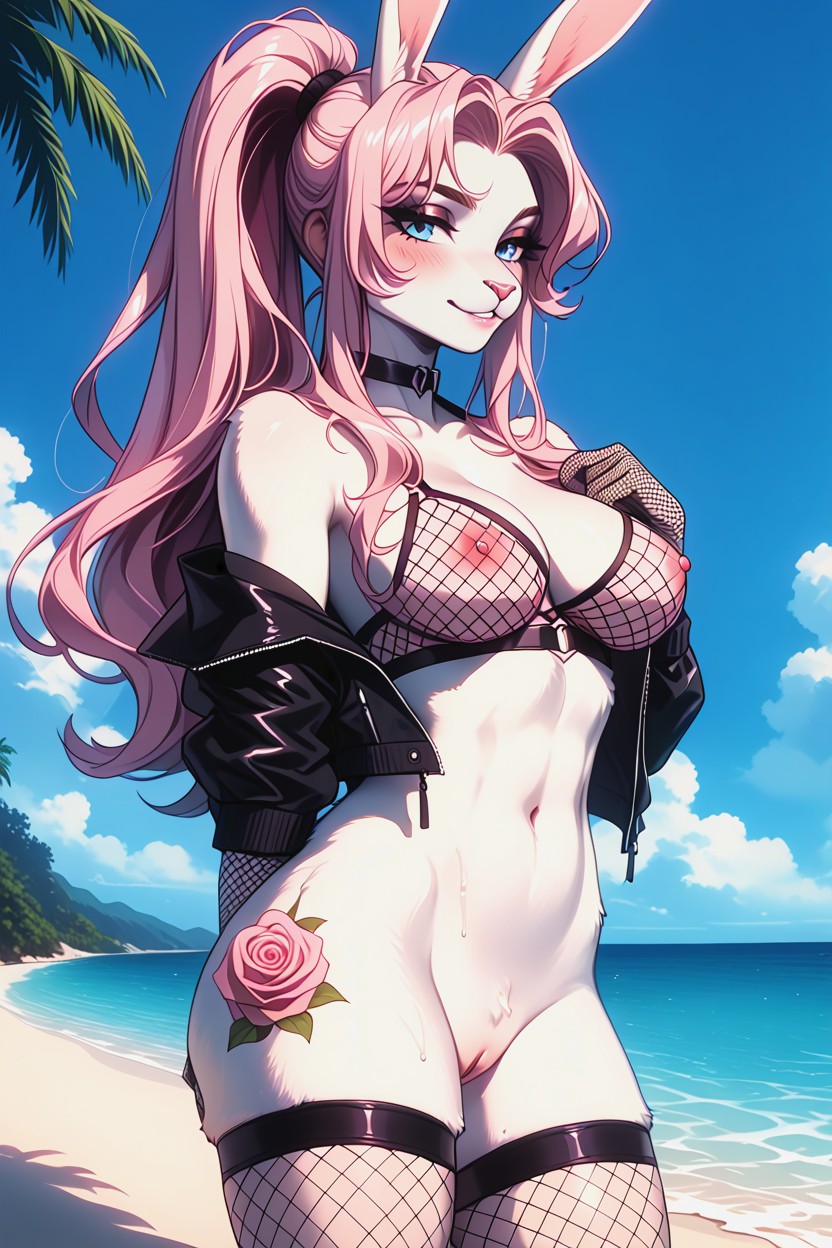 Blue Eyes, Open Clothes, Cleavage Furry AI Porn
