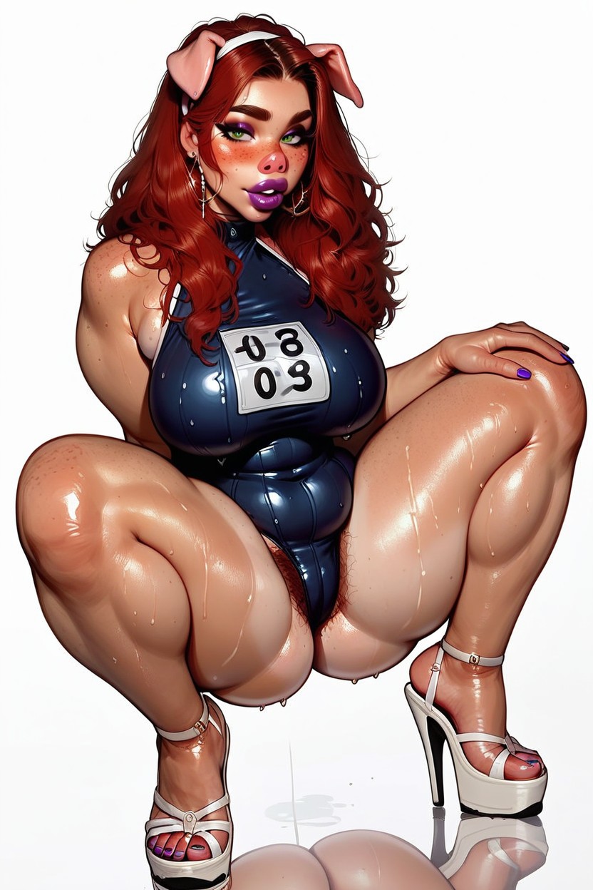 Dark Freckles On Chest And Thighs, Front View, Thick Dark Eyeliner Furry AI Porn