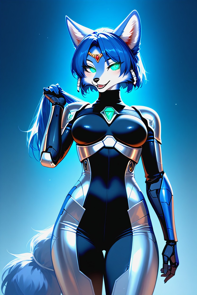 High-tech Alien Environment, Blue And Silver Metallic Body, Cute Furry AI Porn