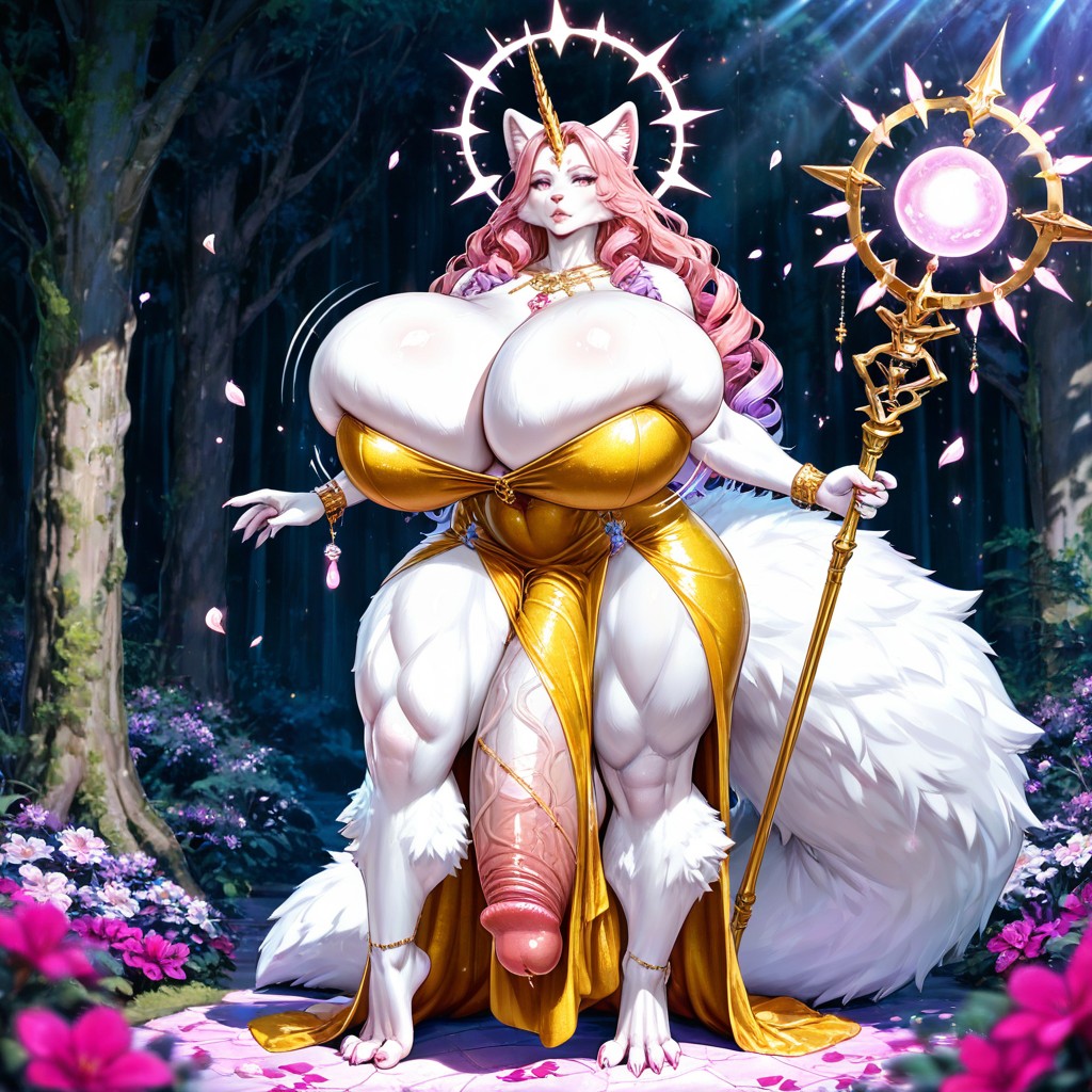 Mm Lens, Holding A Magical Staff With A Circular Floral Halo And Floating Orb, Ethereal Glow Furry AI Porn