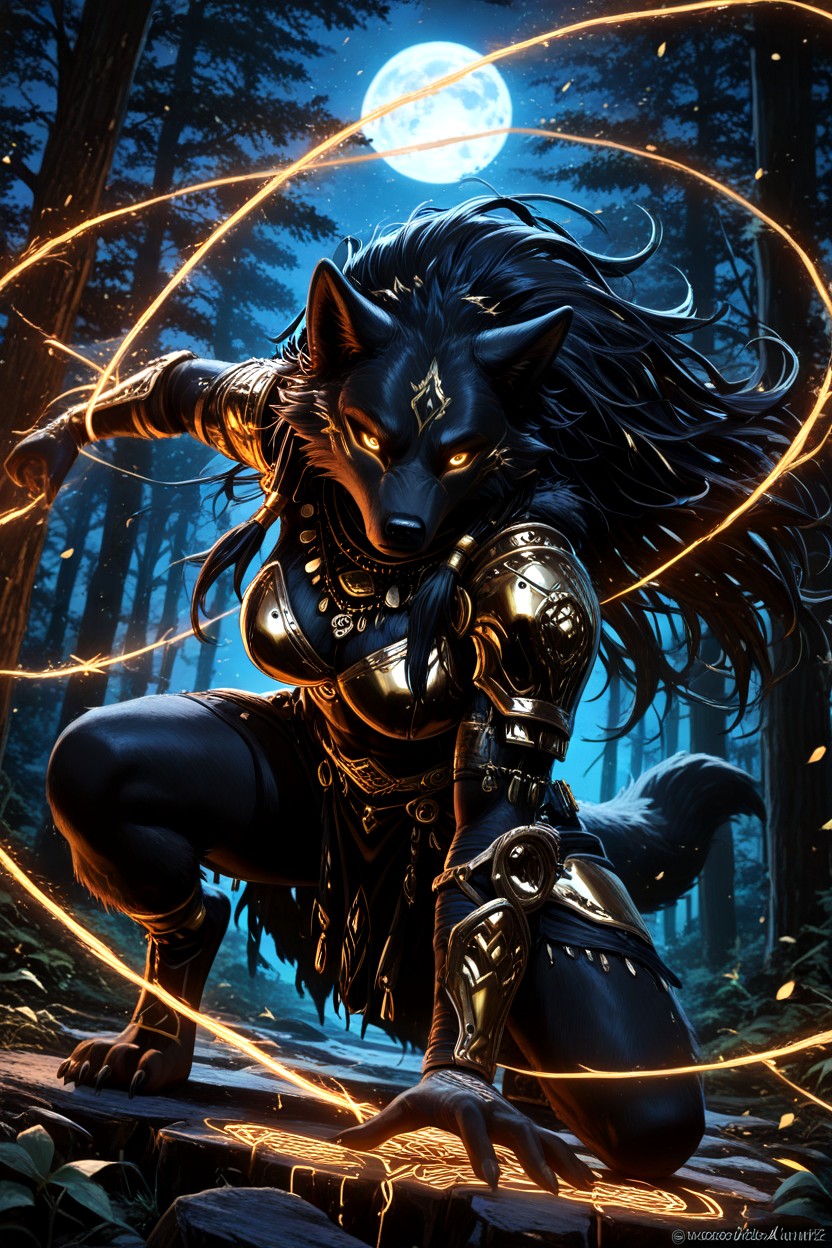 18+, Cold Blue Tones With Gold Accents" "wolf Female Anthro Warrior, Glowing Golden Eyes AI獸人黃片