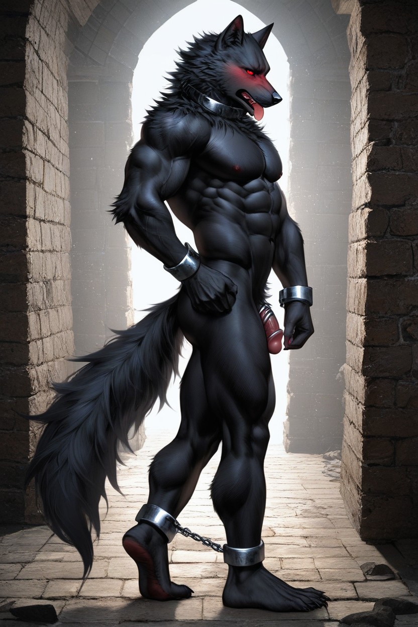 Naked, Showing Feet, Black Wolf Furry AI Porn