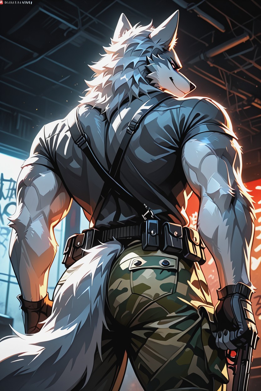 K, Dramatic Lighting, Camouflage Cargo Pants Furry AI Porn