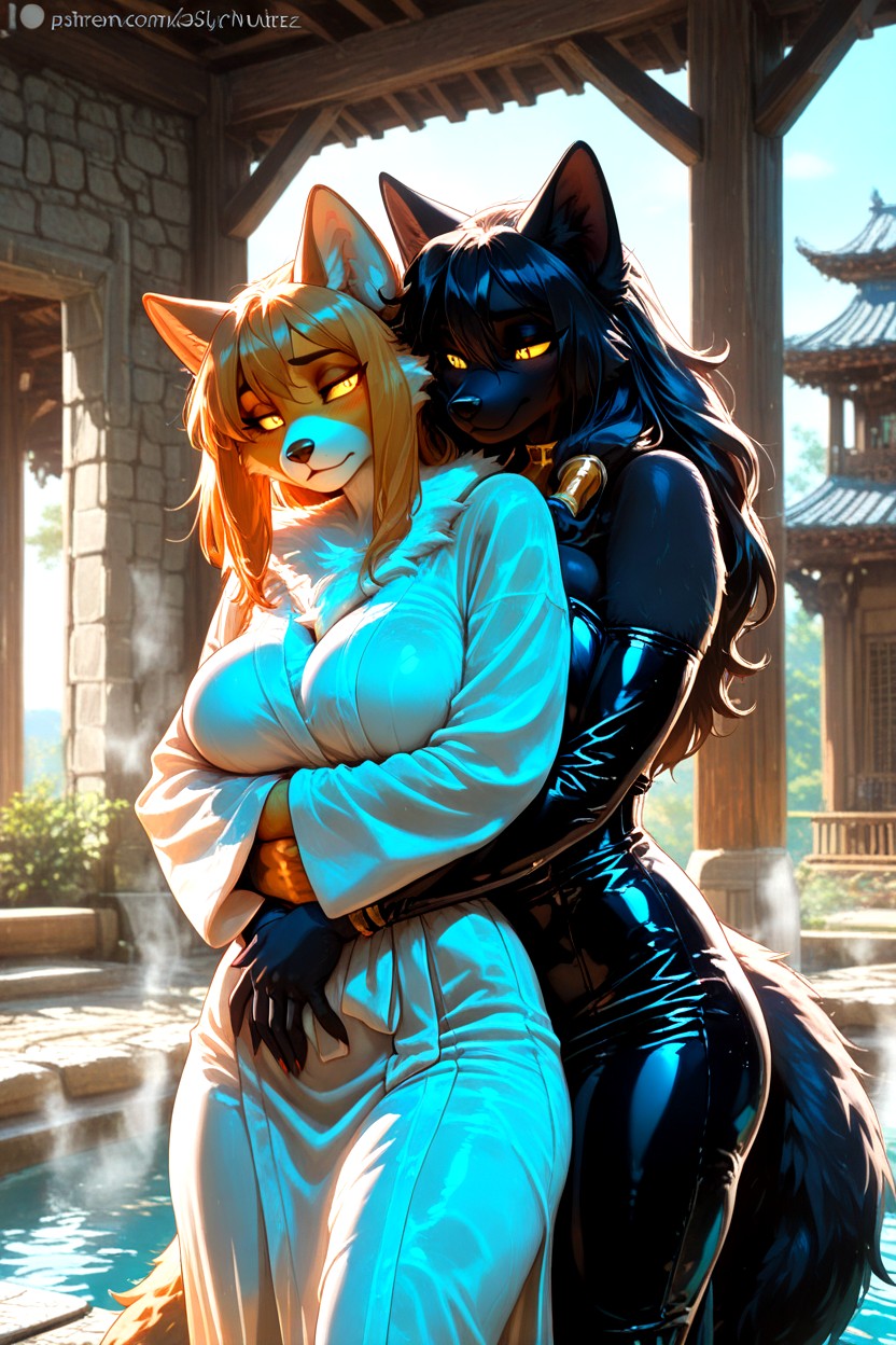 "environment Ancient Baths, Two Female Characters, Fluffy Fur Furry AI Porn