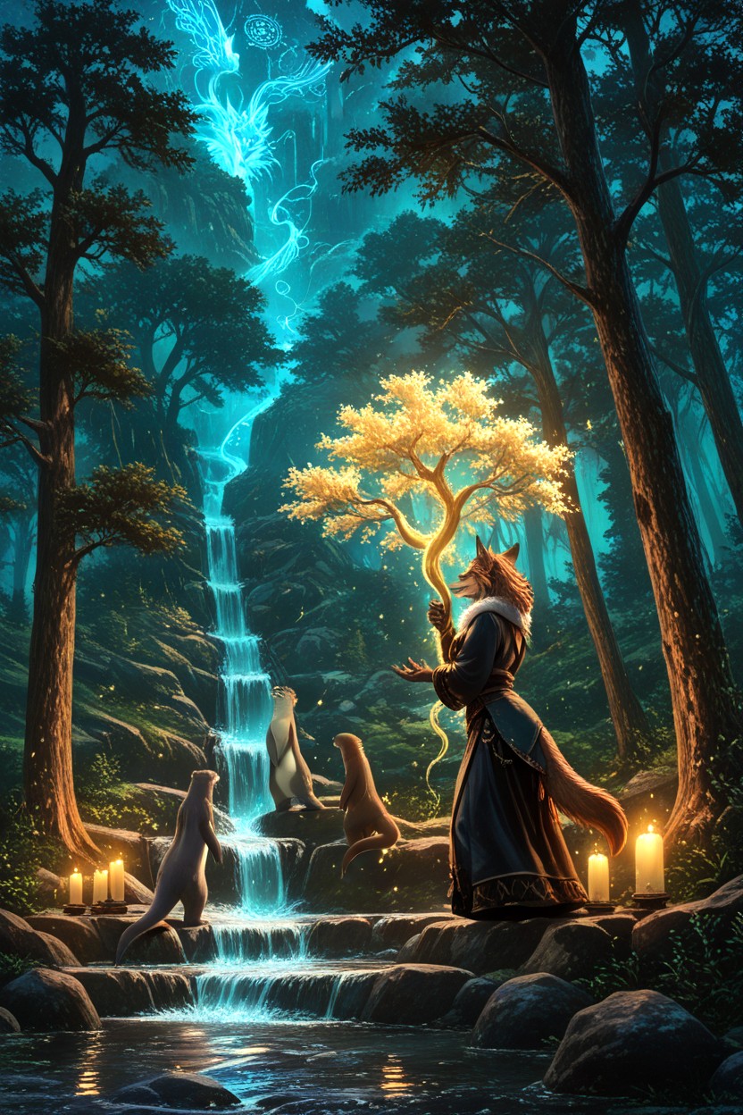 Ancient Rune Stones Glowing, Soft Natural Light Mixed With Magical Glow, Three Female Characters Furry IA