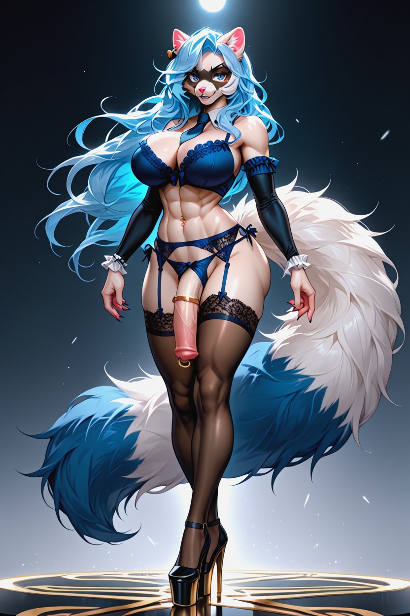 Blue Garter Belt With Bkack Lace, Soft Cock, Ponydick Furry AI Porn