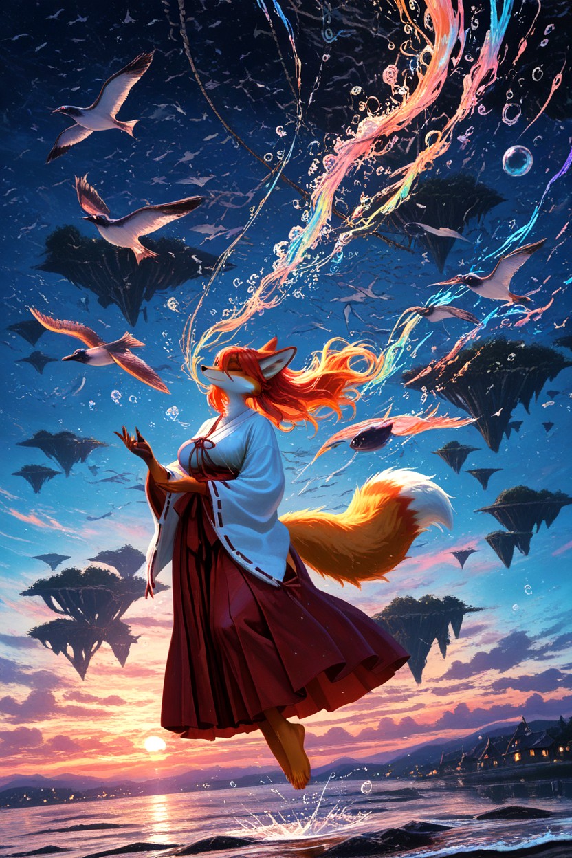 Massive Floating Islands With Fantasy Cities, Leaping, Whales Surfacing Furry AI Porn