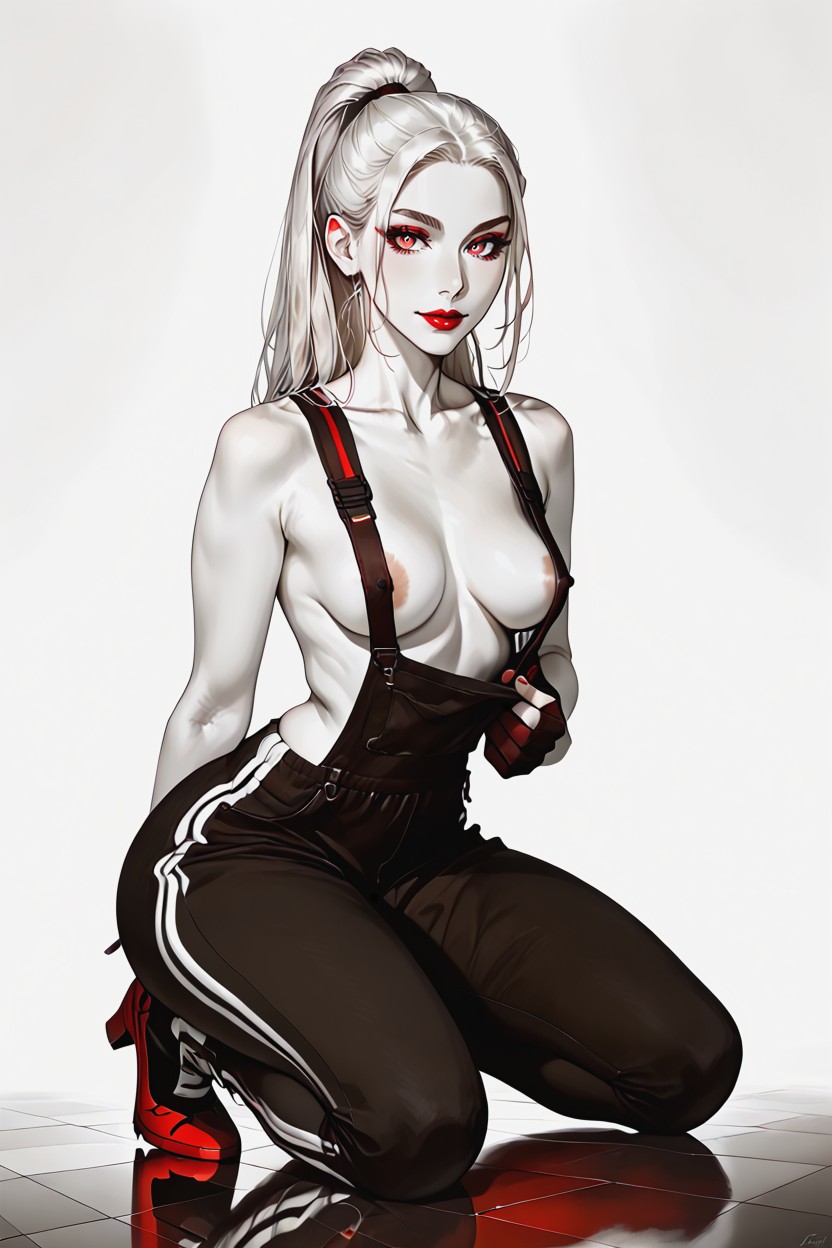 Topless, Hyper Sharp Focus, Perfect Scaling Perfect Fingers Perfect Proportionsblack And White Alita Hairstyle Sidebangs Over Chest Furry AI Porn