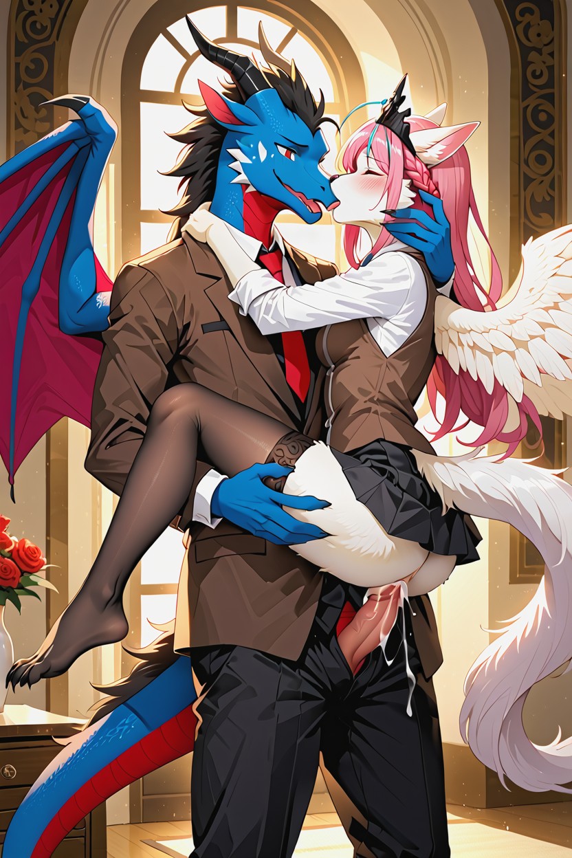 Black Thighhighs, Spread Wings, Detailed Background Bedroom Furry AI Porn