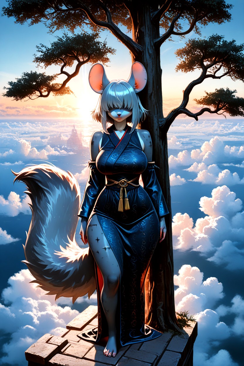 Standing On A Massive Tower Above Dense Clouds, Female Furry Chinchilla, Tasteful Neckline Furry AI Porn