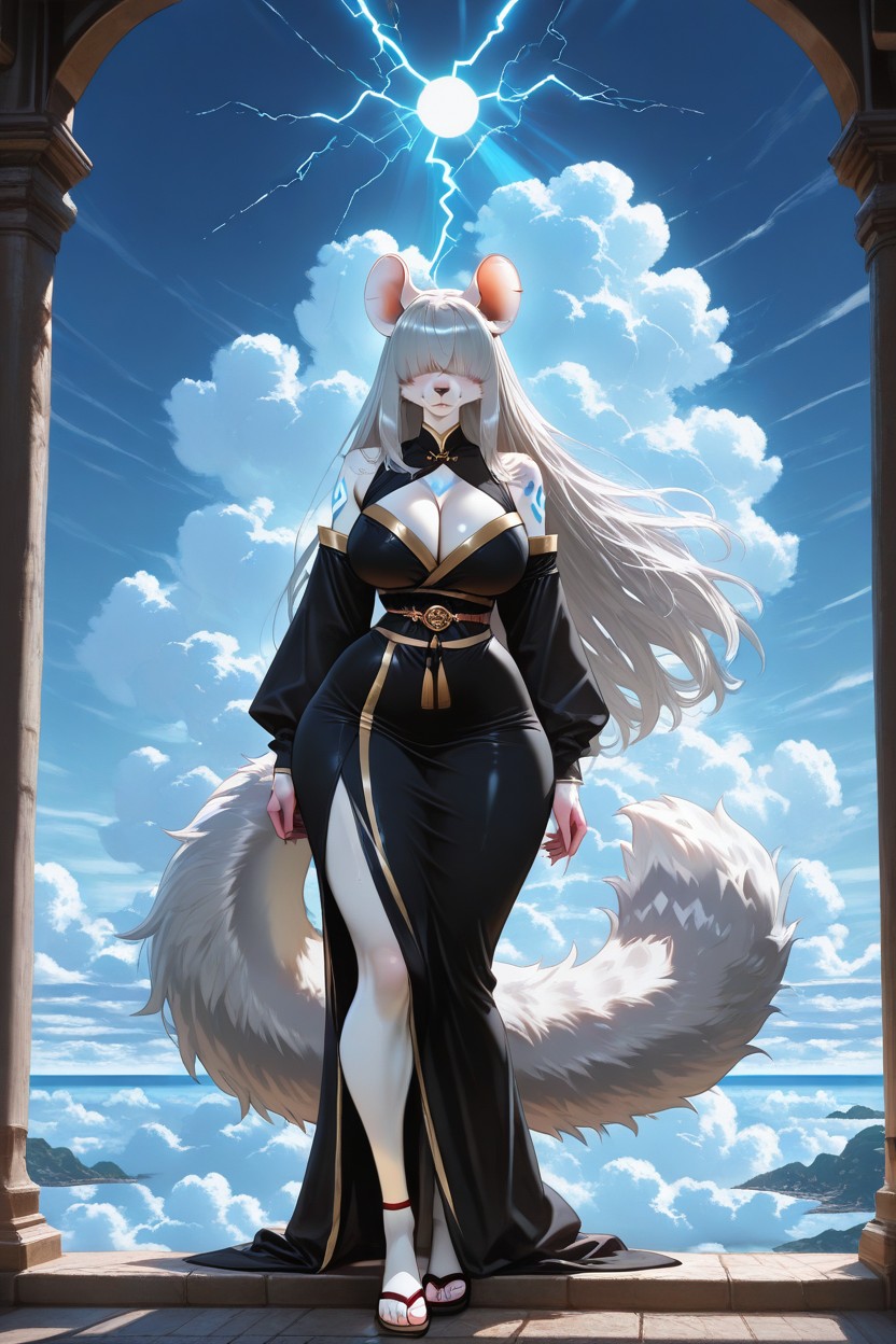 Standing On A Massive Tower Above Dense Clouds, Silver-gray Hair, Solo AI兽人黄片
