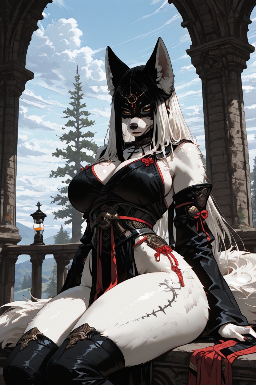 Dark Shrine Maiden Clothing, Dark Fantasy, Fluffy White Fur AI獸人黃片
