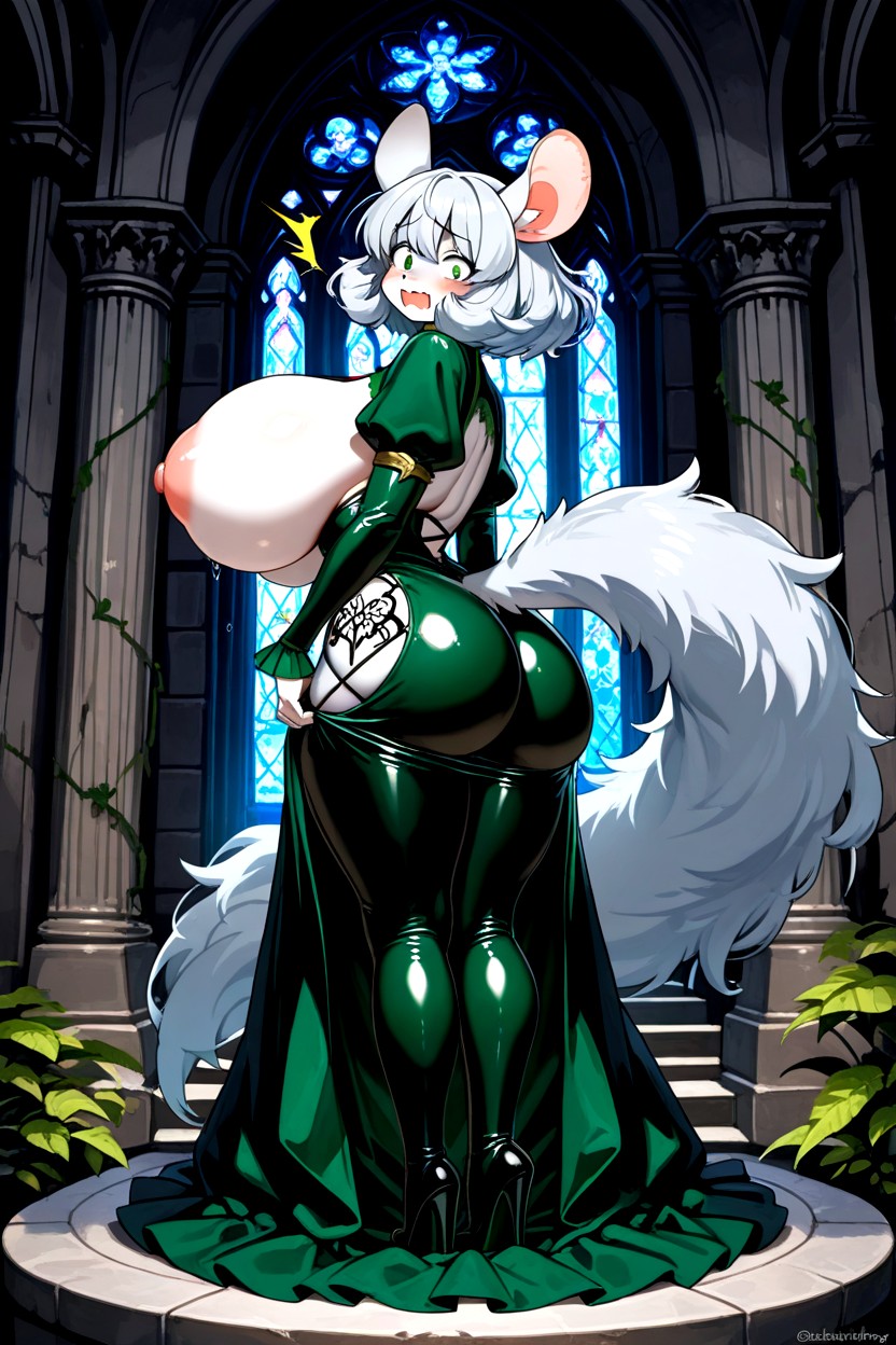 Single Natural Fluffy Tail From Lower Back, Elegant Warrior Gown, Gigantic Perfect Boobs Furry AI Porn