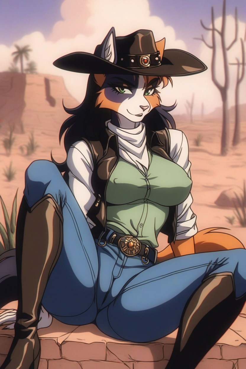 Plaid Shirt, Green Eyes, Relaxed Cowboy Sitting Pose Furry AI Porn