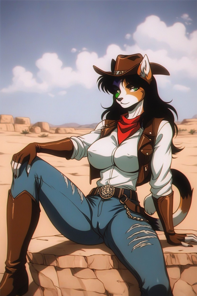 Wide Brim Hat, Sandstone Buttes, Sitting On A Rock Furry AI Porn