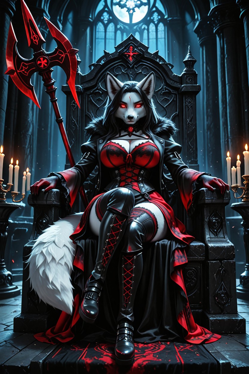 Solo, Glowing Crimson Eyes, Sitting Sideways On A Massive Gothic Throne AI兽人黄片