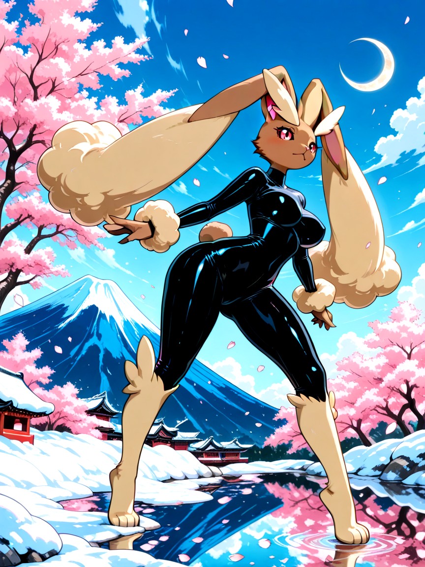 Sleek Black Bodysuit With Subtle Sheen, Wispy Clouds With Painterly Edges, Long Expressive Ears Porno IA Furry