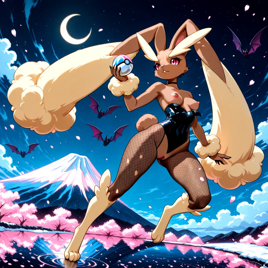 Holding Oversized Poké Ball, Cherry Blossom Petals Drifting In Foreground And Mid‑air, Fishnet Bodysuit Furry AI Porn