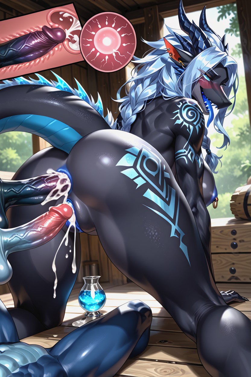 Glowing Blue Tattoo On Chest, Xray Multiple Eggs, Multi Panel Furry AI Porn