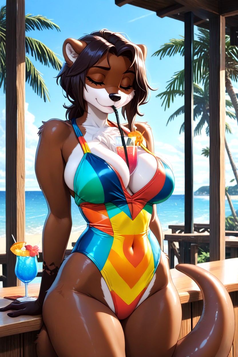 Stylish Sporty Swimsuit With Elegant Beach Wrap, No Ears, Full Bust And Wide Hips Furry AI Porn