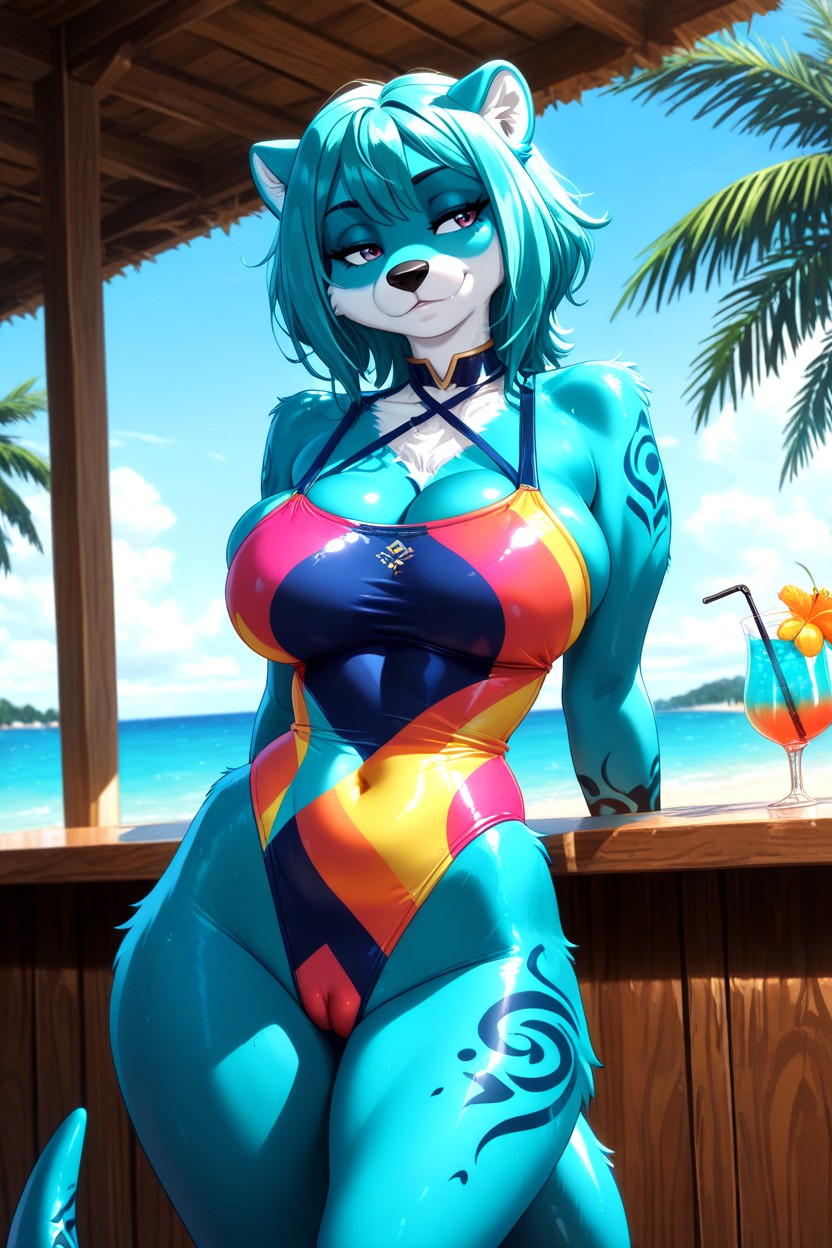 Lighting, Gentle Ocean Breeze Moving Fur And Hair, Calm Peaceful Expression Furry AI Porn