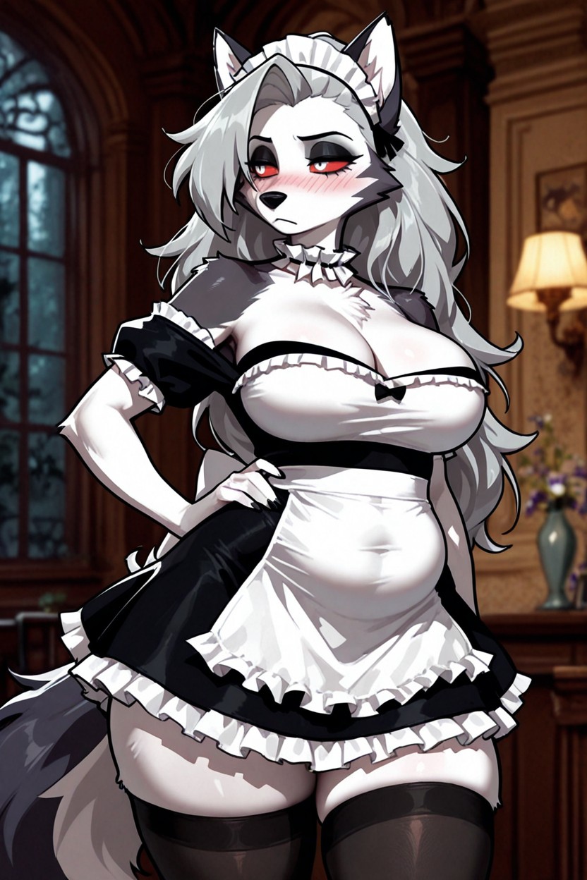 Large Breasts, Black Pupil, Black Cloth And White Frills Maid Outfit Furry AI Porn