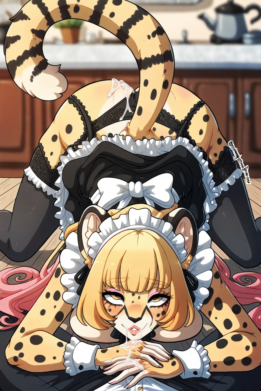 Kinkymation Style, Grainy, Black Cloth And White Frills Maid Skirt Furry AI Porn