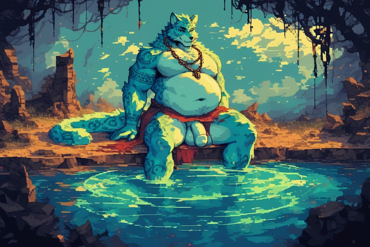 Beefy Muscular Chest, Cyan And White Fur Leopard, Glitch Image Effect Furry AI Porn