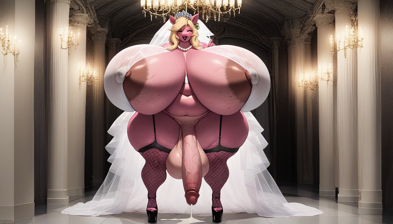 豚, Erotic Wedding Dress, Fat Piggy Woman Pink Skin ファーリーAIポルノ