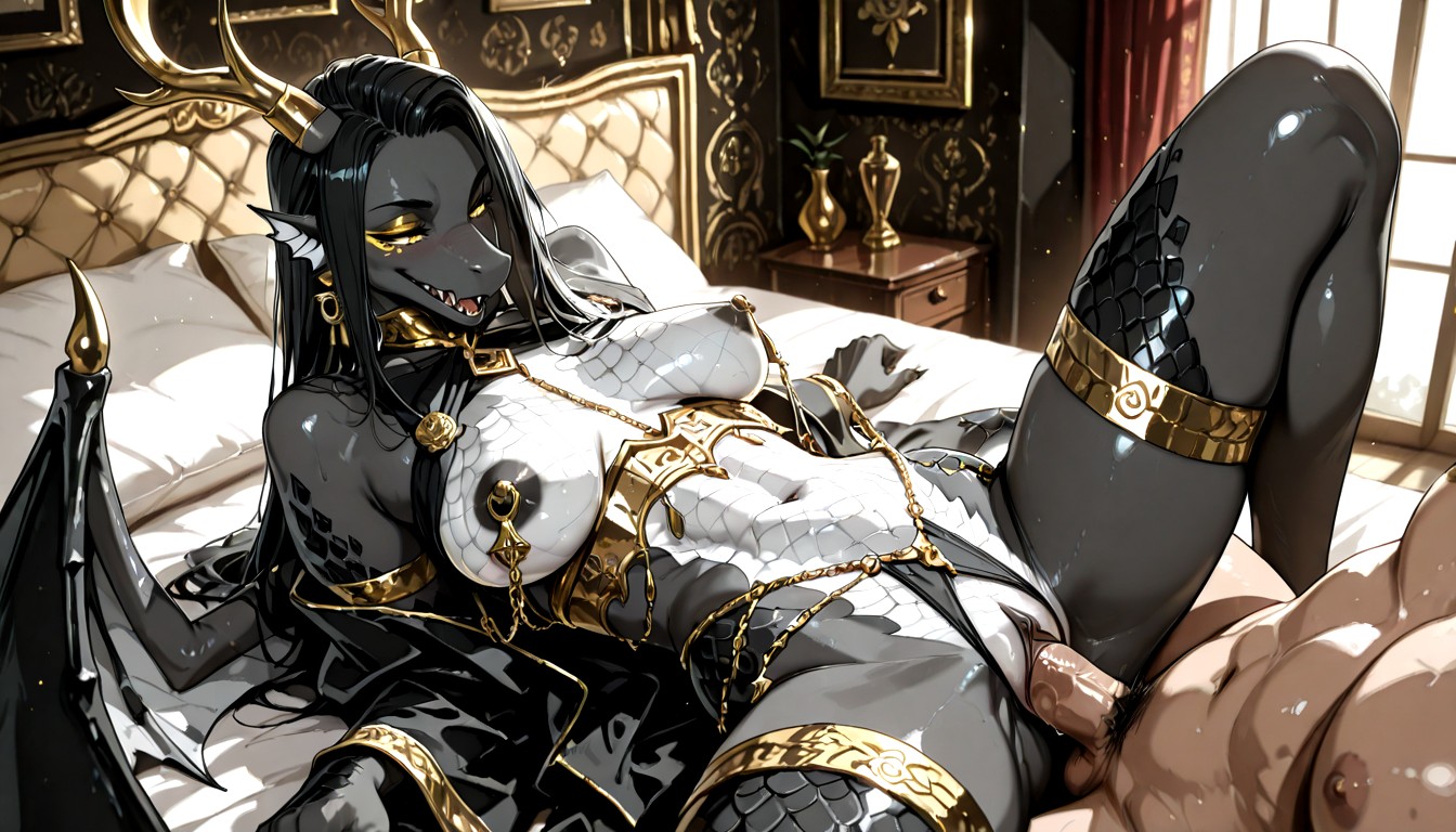 Very Fine Gold Decorative Body Chains, Ornate And Curving Horns With Gold Accents, Half Lidded Eyes Gaze Furry IA