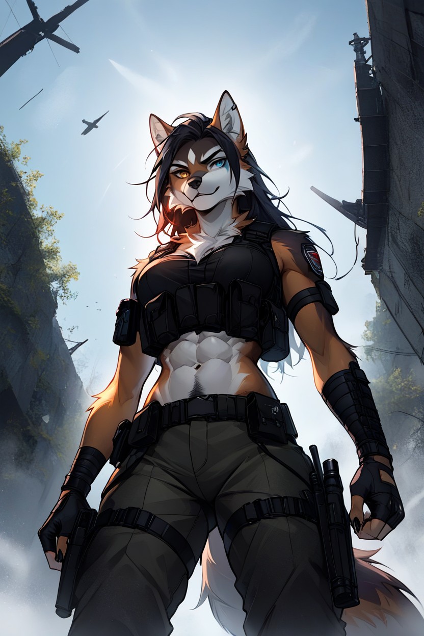 Heterochromia, Detailed Vambraces On Both Forearms Fingerless Gloves With Hands, Low / Camera Angle Furry AI Porn