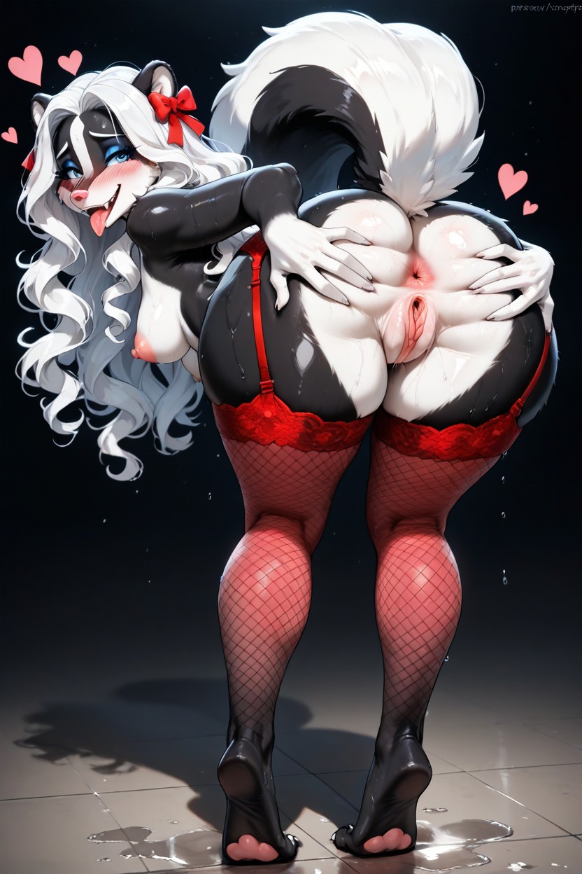 Red Fishnets, Tongue Out, Rounded Breasts Furry AI Porn