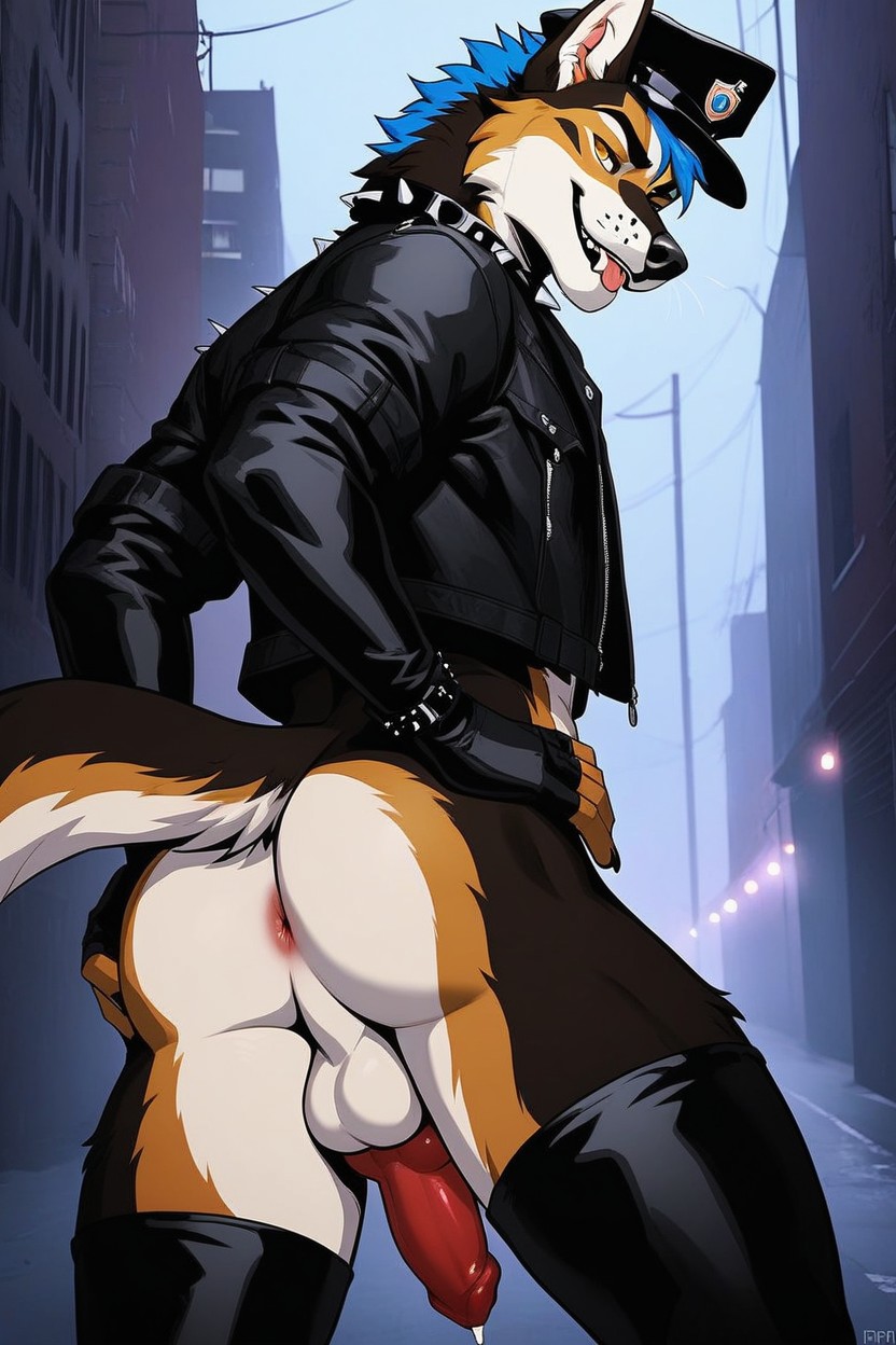 Black Leather Jacket, Spiked Collar, Dimly Lit Furry AI Porn
