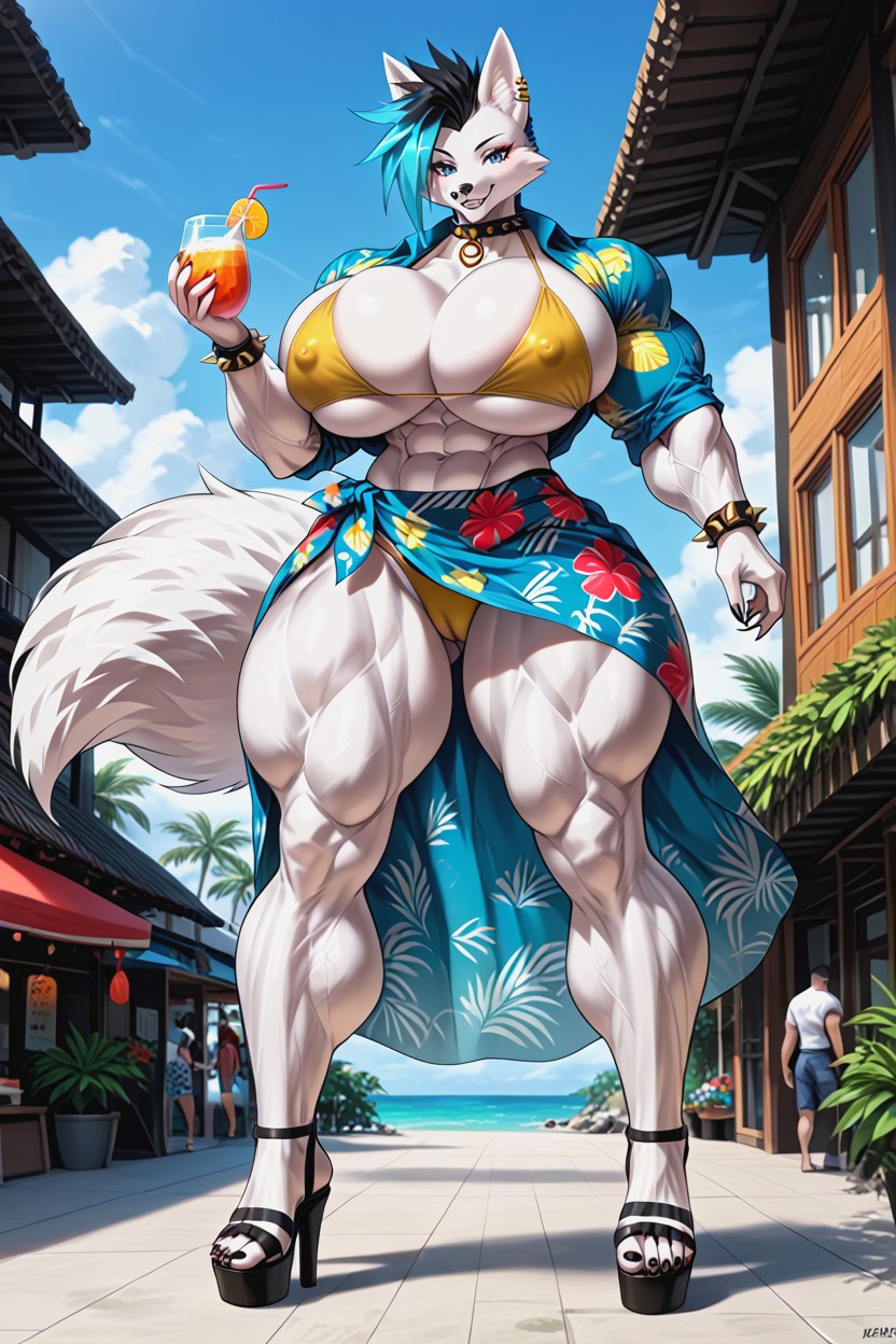 Underboob, Blue Highlights, Extreme Tall Pointy Sandals Heels Furry AI Porn