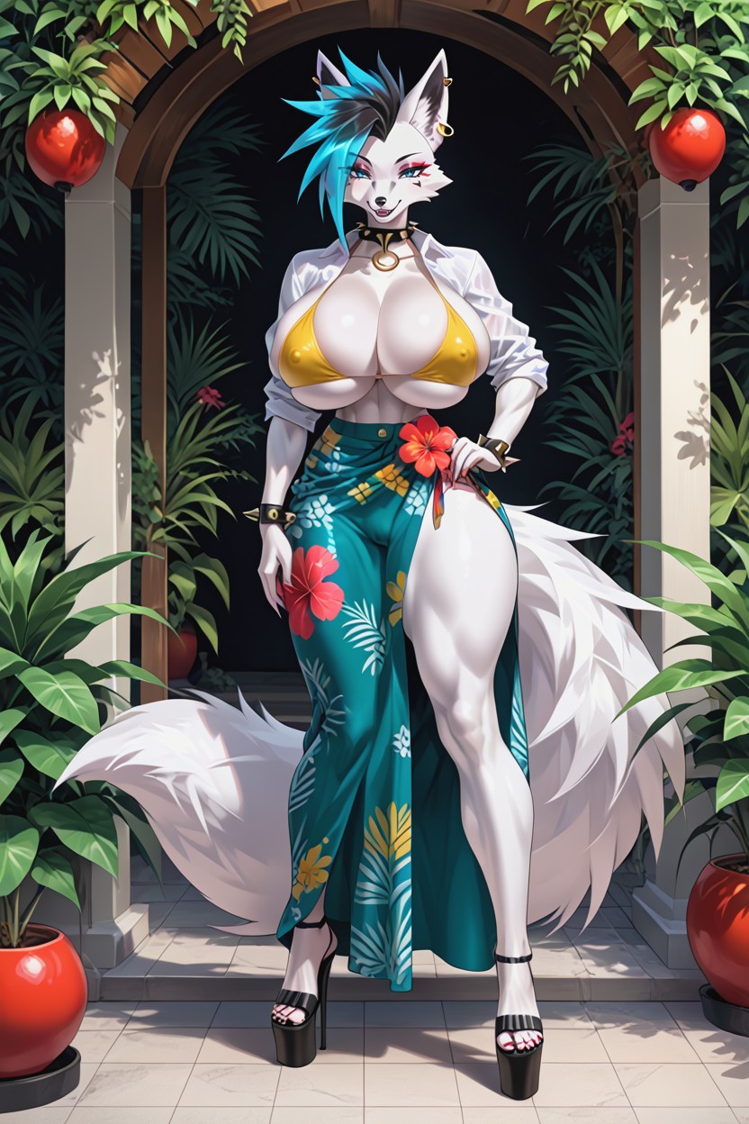 Platform Open Toe Heels, Blue Eyes, Sexy Translucent Sarong ファーリーAIポルノ