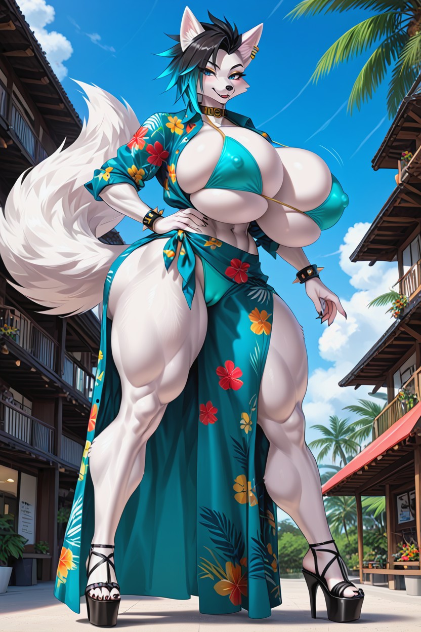 Oversized Hawaiian Unbuttoned Shirt, Massive Spherical Butt, Gold Spiked Wristbands Pornografia peluda com IA