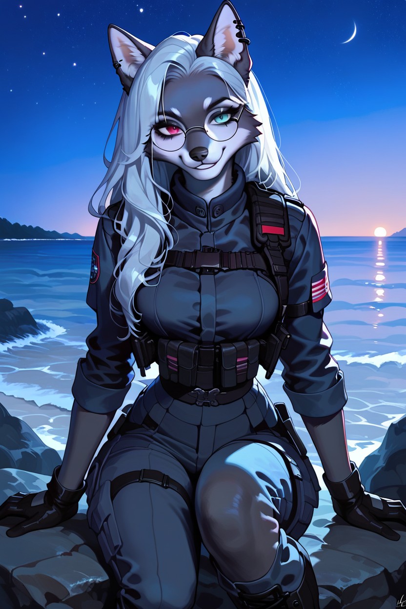 Black Tactical Vest, Fluffy Tail Beside Her, In Water Furry AI Porn